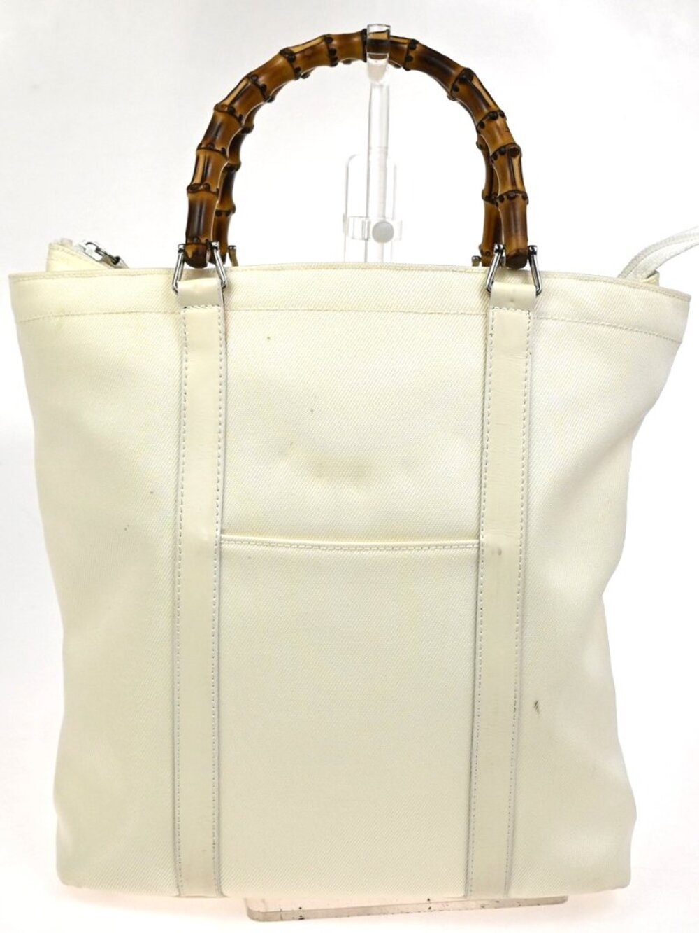 GUCCI Logo Bamboo Tote Handbag Nylon Patent Leather White SHW Italy 66KC967 - Picture 1 of 16